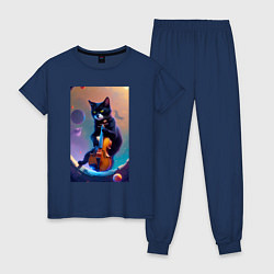 Пижама хлопковая женская Кот со скрипкой в космосе, цвет: тёмно-синий