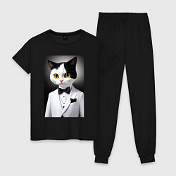 Пижама хлопковая женская Котёнок - джентльмен - мем, цвет: черный