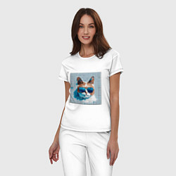 Пижама хлопковая женская Цифровой кот в темных очках, цвет: белый — фото 2