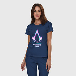Пижама хлопковая женская Assassins Creed в стиле glitch и баги графики, цвет: тёмно-синий — фото 2