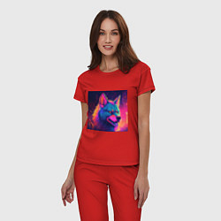 Пижама хлопковая женская Волк в неоновом свете, цвет: красный — фото 2