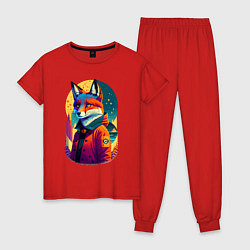 Пижама хлопковая женская Лисица на фоне звёздного неба - нейросеть, цвет: красный