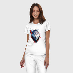 Пижама хлопковая женская Голова волка - рисунок с пятнами краски, цвет: белый — фото 2