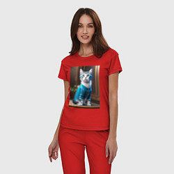 Пижама хлопковая женская Кот в голубом костюме, цвет: красный — фото 2