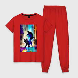 Пижама хлопковая женская Кошечка пушистый хвост - акварель - живопись, цвет: красный