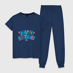 Пижама хлопковая женская Надпись happy birthday, цвет: тёмно-синий