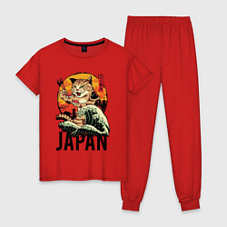 Пижама хлопковая женская Japan sushi cat, цвет: красный