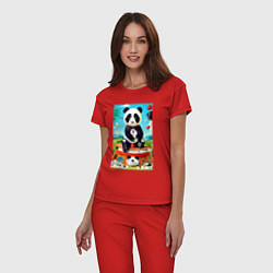 Пижама хлопковая женская Панда на постаменте - сюрреализм, цвет: красный — фото 2