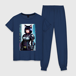 Пижама хлопковая женская Девчонка-кошка - киберпанк - нейросеть, цвет: тёмно-синий
