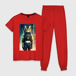 Пижама хлопковая женская Крутой котяра - киберпанк - нейросеть, цвет: красный