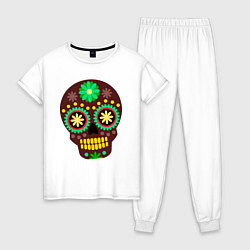 Пижама хлопковая женская Коричневый мексиканский череп, цвет: белый