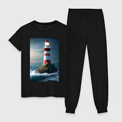 Пижама хлопковая женская Маяк в море, цвет: черный