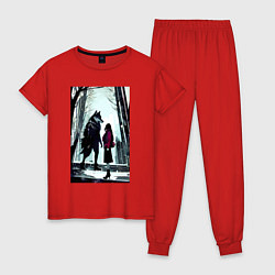 Пижама хлопковая женская Девушка и волк в ботинках, цвет: красный