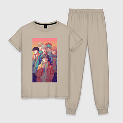 Пижама хлопковая женская BTS art anime, цвет: миндальный