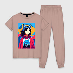 Пижама хлопковая женская Девочка-волчонок - фурри - аниме, цвет: пыльно-розовый