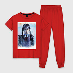 Пижама хлопковая женская Акварельный портрет Уэнсдей, цвет: красный