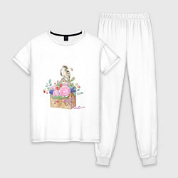 Пижама хлопковая женская Акварель: Птичка и цветы, цвет: белый
