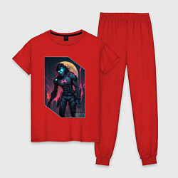 Пижама хлопковая женская Киберпанк оборотень, цвет: красный