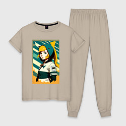 Пижама хлопковая женская Девчонка-акулёнок - фурри - аниме, цвет: миндальный