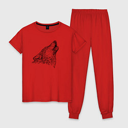 Пижама хлопковая женская Волк воющий, цвет: красный