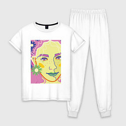 Пижама хлопковая женская Женский портрет с полевыми цветами, цвет: белый