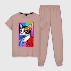 Пижама хлопковая женская Модная кошечка - поп-арт - нейросеть, цвет: пыльно-розовый