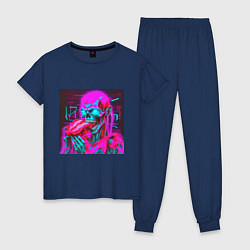 Пижама хлопковая женская Неоновый скелет зомби, цвет: тёмно-синий