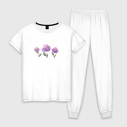Пижама хлопковая женская Акварельные сиреневые цветы, цвет: белый