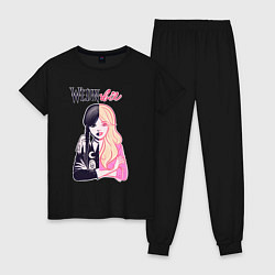 Пижама хлопковая женская Уэнсдей и Барби - сплит, цвет: черный