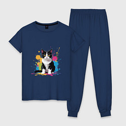 Пижама хлопковая женская Кот проказник, цвет: тёмно-синий