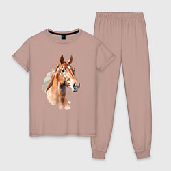 Пижама хлопковая женская Акварельная коричневая лошадь, цвет: пыльно-розовый