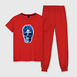 Пижама хлопковая женская Синий череп в цветах, цвет: красный