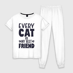 Пижама хлопковая женская Every cat is my best friend, цвет: белый