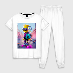 Пижама хлопковая женская Барт Симпсон на скейтборде - киберпанк, цвет: белый