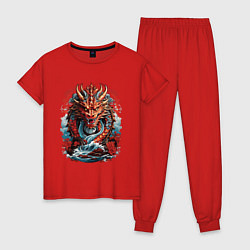 Пижама хлопковая женская Китайский дракон в воде, цвет: красный