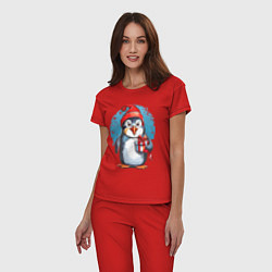 Пижама хлопковая женская Пингвин с новогодним подарком, цвет: красный — фото 2