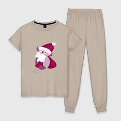 Пижама хлопковая женская Совушка - дед мороз, цвет: миндальный