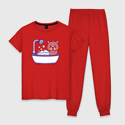 Пижама хлопковая женская Мишка в ванне, цвет: красный