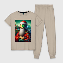 Пижама хлопковая женская Mona Lisa in Santa costume - cyberpunk, цвет: миндальный
