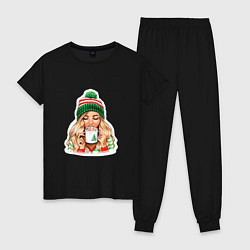 Пижама хлопковая женская Уютный рождественский кофе, цвет: черный