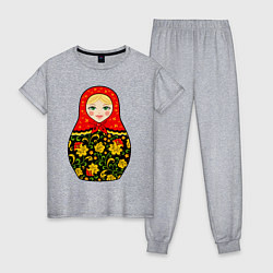 Пижама хлопковая женская Матрёшка в хохломской росписи, цвет: меланж