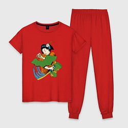 Пижама хлопковая женская Японка с веером и катаной, цвет: красный