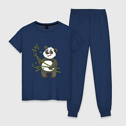 Пижама хлопковая женская Мультяшная панда с бамбуком, цвет: тёмно-синий