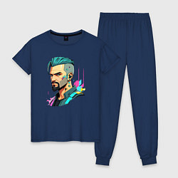 Пижама хлопковая женская Портрет мужчины с бородой Cyberpunk 2077, цвет: тёмно-синий