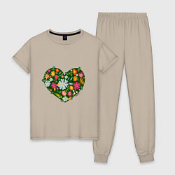 Пижама хлопковая женская Сердце из цветов и травы, цвет: миндальный