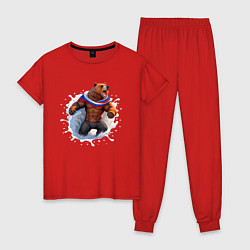 Пижама хлопковая женская Пробуждение медведя, цвет: красный