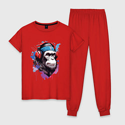 Пижама хлопковая женская Шимпанзе в наушниках, цвет: красный
