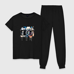 Пижама хлопковая женская Фотоаппарат акварель, цвет: черный