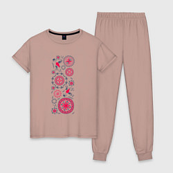 Пижама хлопковая женская Славянские символы солнца круги и птицы, цвет: пыльно-розовый