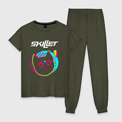 Пижама хлопковая женская Skillet rock star cat, цвет: меланж-хаки